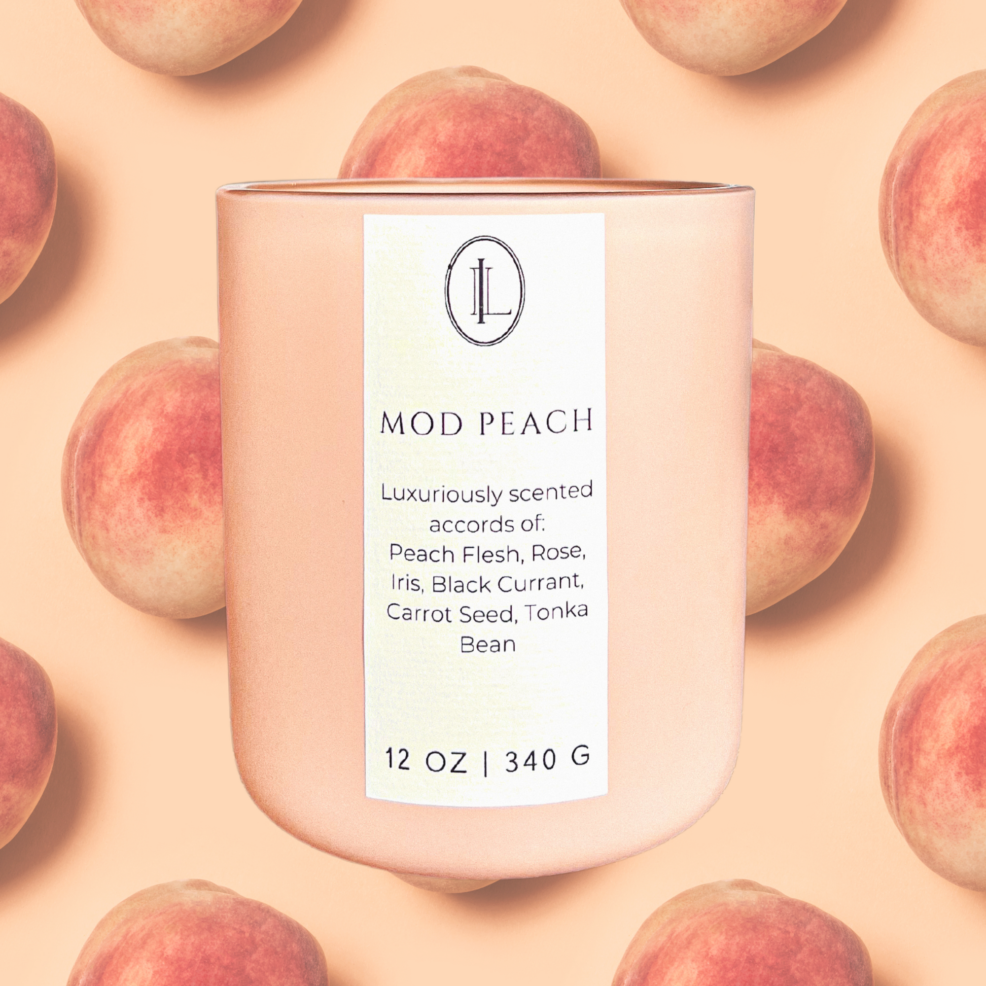 Mod Peach Candle Image With Peaches in the Background