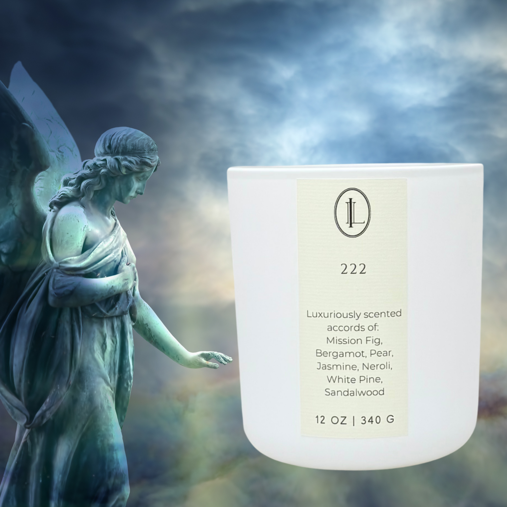 Candle labeled '222' with an angel statue in the background