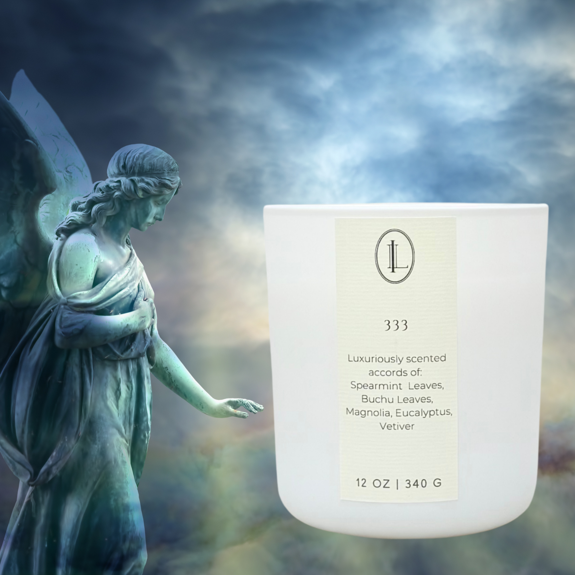 Candle labeled '333' with an angel statue in the background