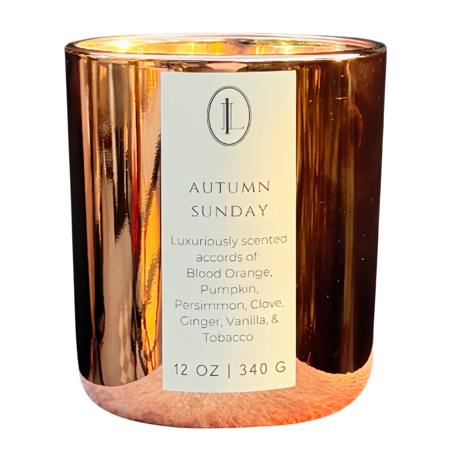 Autumn Sunday Candle in a copper vessel with a label on a white background