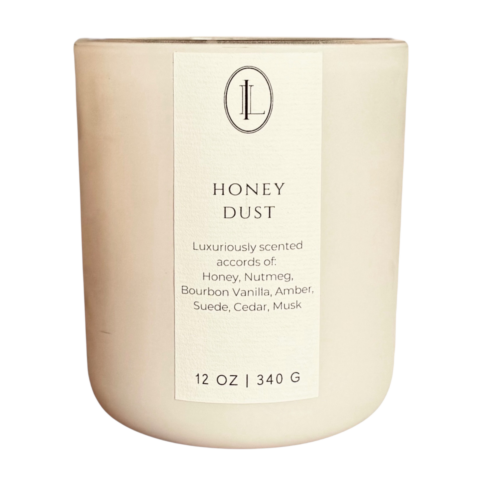 Honey scented candle - Honey Dust wood wick candle in a matte cream colored vessel.