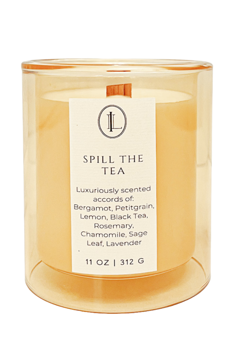 Spill The Tea Wood Wick Candle In A Translucent Yellow Glass Jar