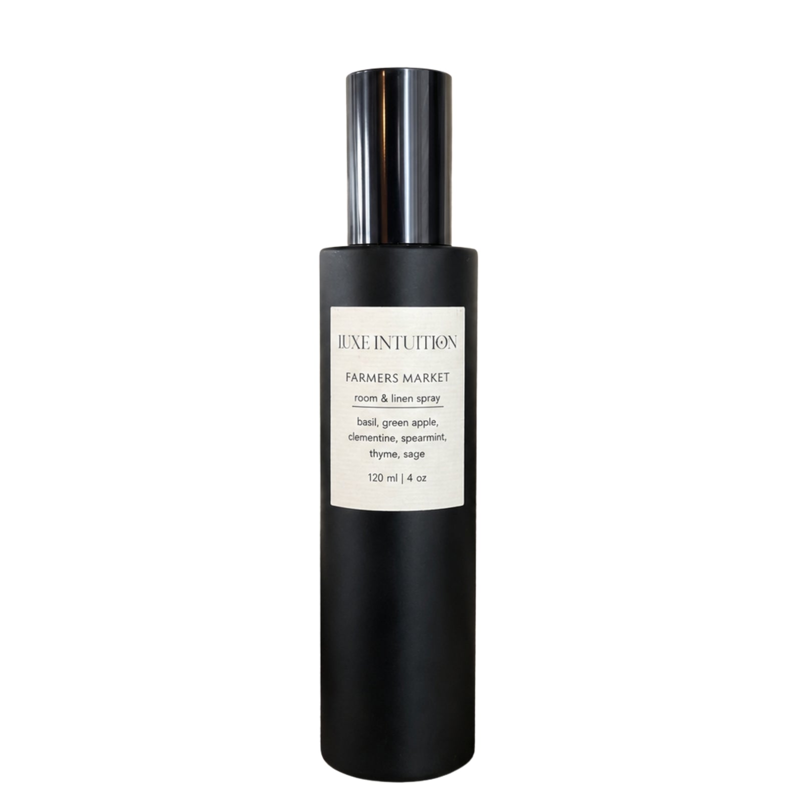 Farmers Market room and linen spray in matte black 120ml bottle with basil, clementine, and sage notes — Luxe Intuition