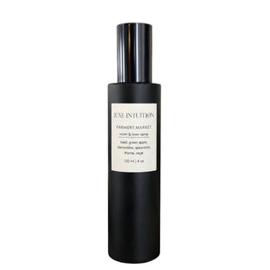 Farmers Market room and linen spray in matte black 120ml bottle with basil, clementine, and sage notes — Luxe Intuition