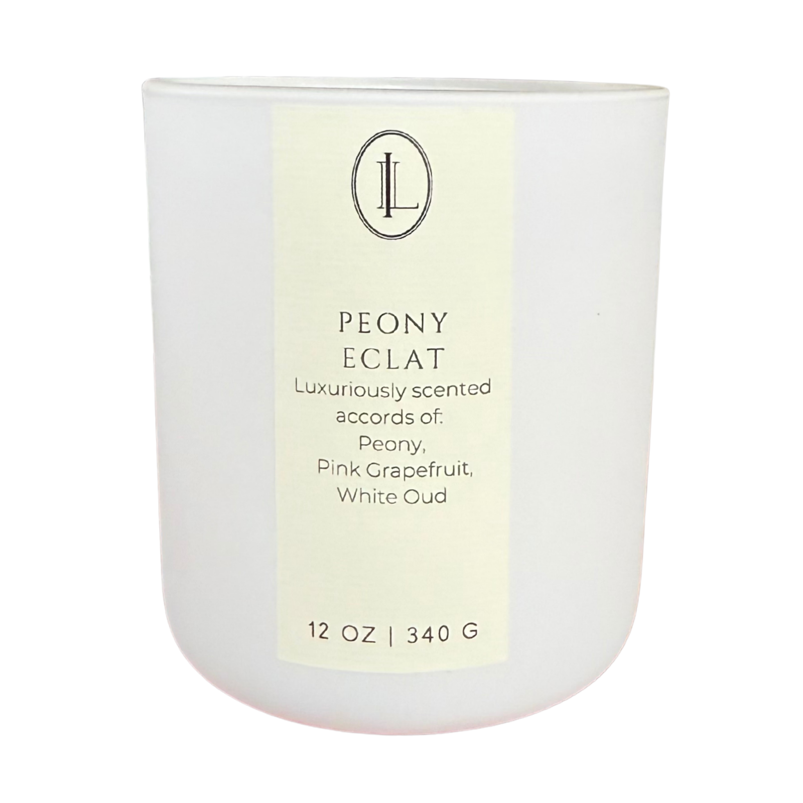 Peony Eclat candle in matte white frosted 12oz vessel with peony, pink grapefruit, and white oud notes — Luxe Intuition