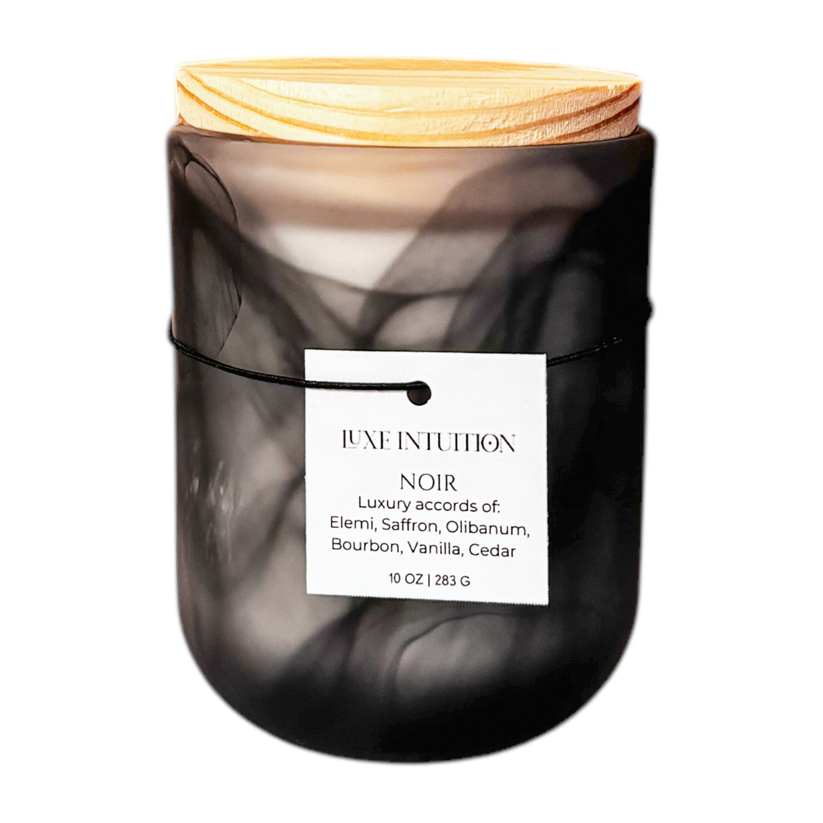 Vanilla scented wood wick candle in a black marble  vessel with wood lid.