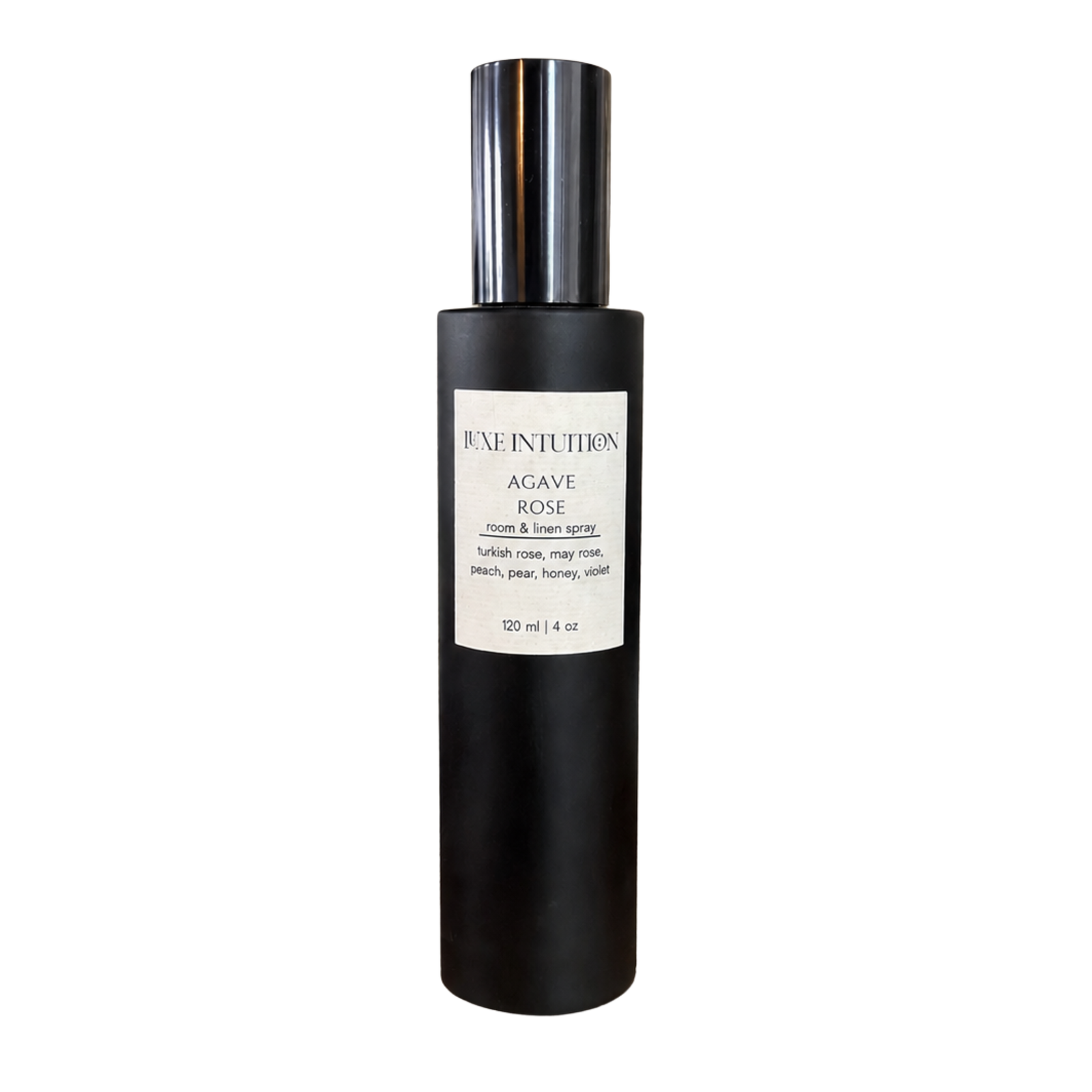 Agave Rose room and linen spray in matte black 120ml bottle with Turkish rose and honey notes — Luxe Intuition