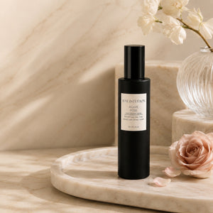 Agave Rose room spray styled on marble tray with fresh roses — Colorado-made luxury home fragrance