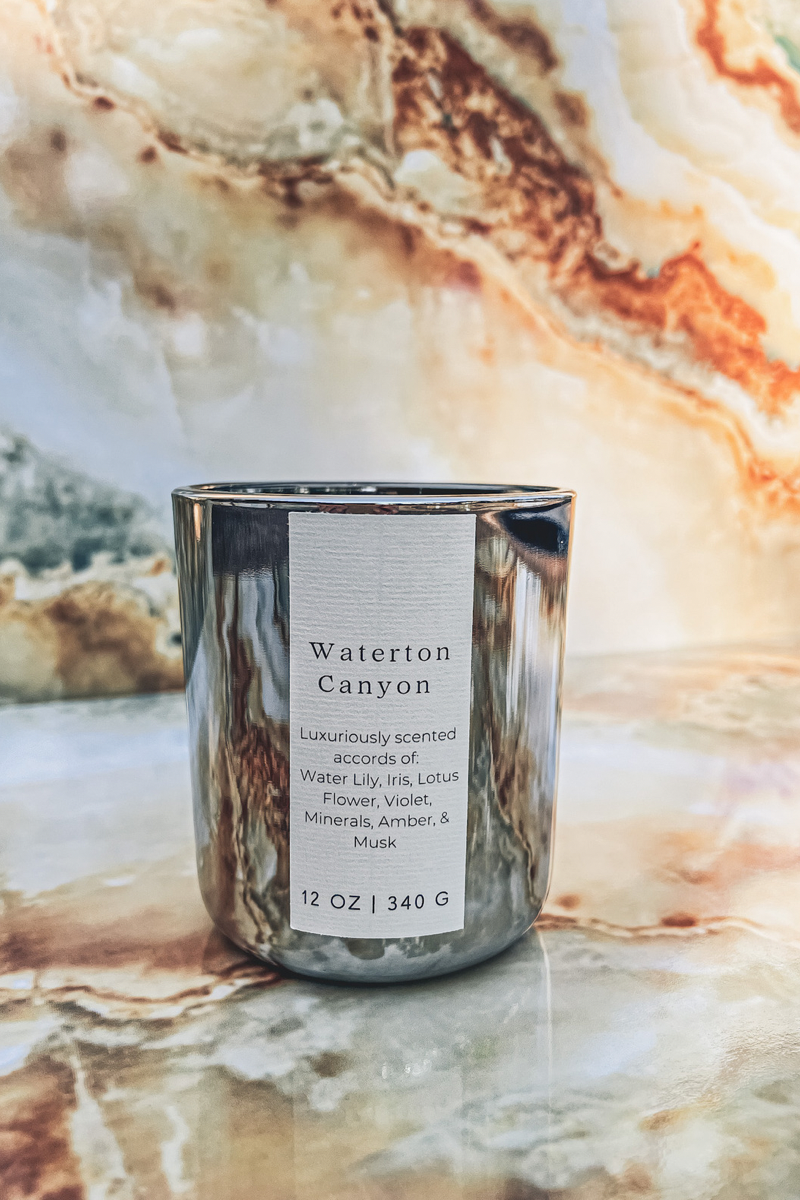Waterton Canyon Wooden Wick Candle housed in a silver metallic jar featuring water lily, Iris, lotus flower, violet, minerals, amber, and musk.