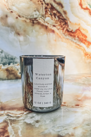 Waterton Canyon Wooden Wick Candle housed in a silver metallic jar featuring water lily, Iris, lotus flower, violet, minerals, amber, and musk.