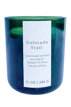 Colorado Trail coconut wax candle, scented with pine, vetiver, balsam, and moss.
