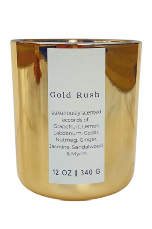 Wooden Wick 12 oz Scented Candle in a shiny gold vessel | Gold Rush Candle